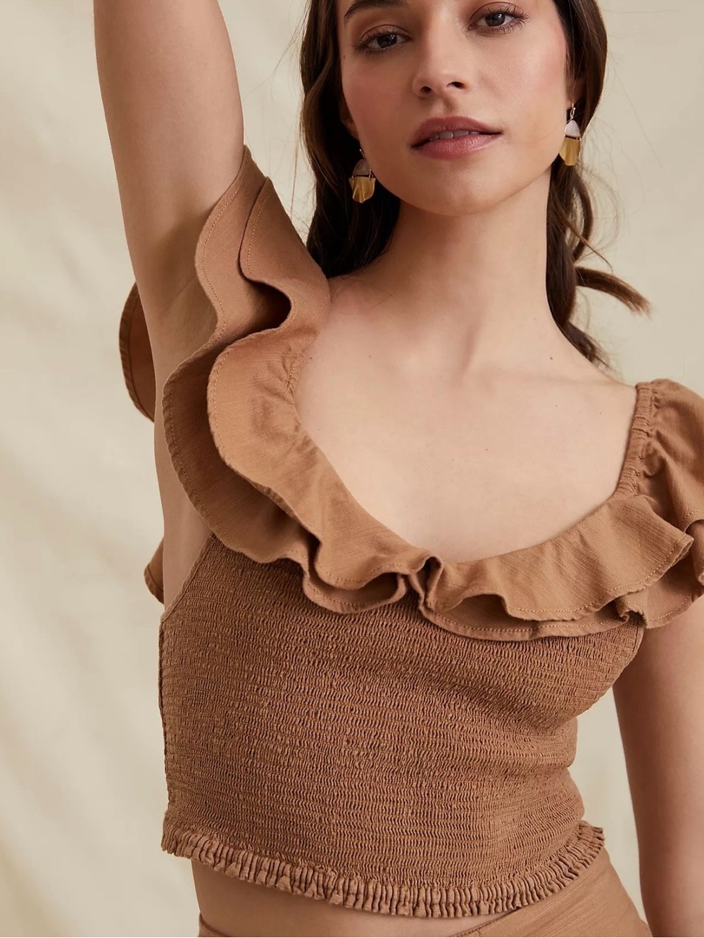 ⚡️NWT Anthropologie Maeve Ruffle Smocked Crop Top - Brown